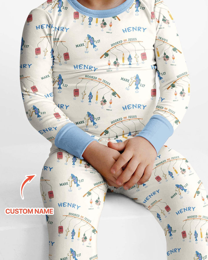 Hooked On Jesus Fishing Matching Bamboo Two Piece Long Sleeve Pajama Set