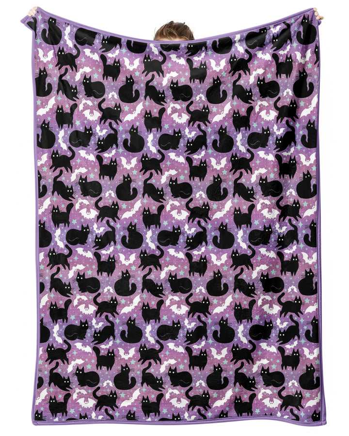 Spooky Black Cat Halloween Purple Bats Bamboo Blanket