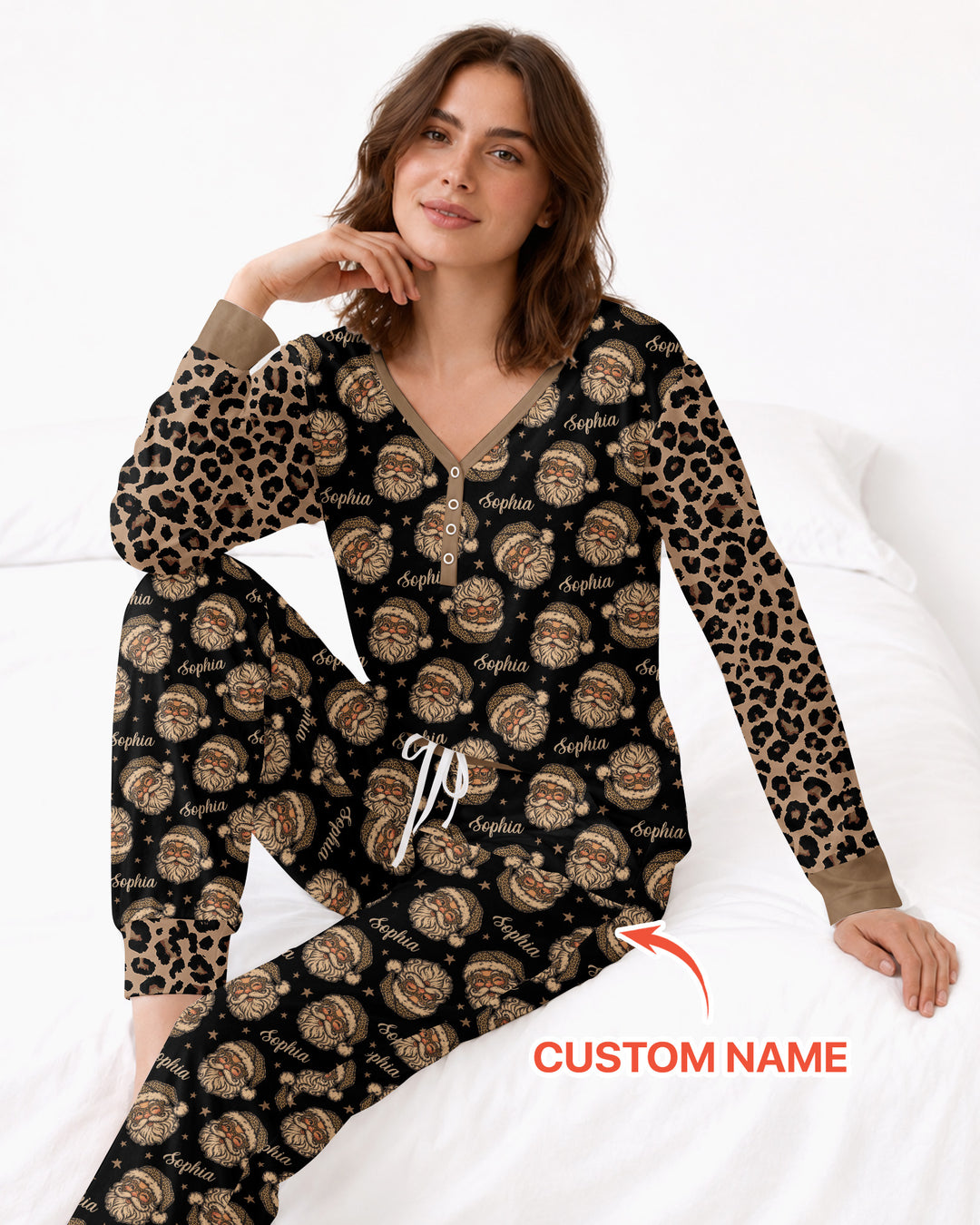 Custom Name Vintage Leopard Santa Bamboo Women Pajama Set