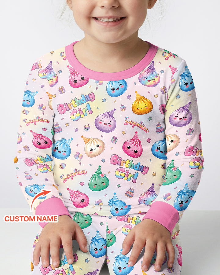 Custom Name Glitter Dumpling Birthday Girl Bamboo Two Piece Long Sleeve Pajama Set