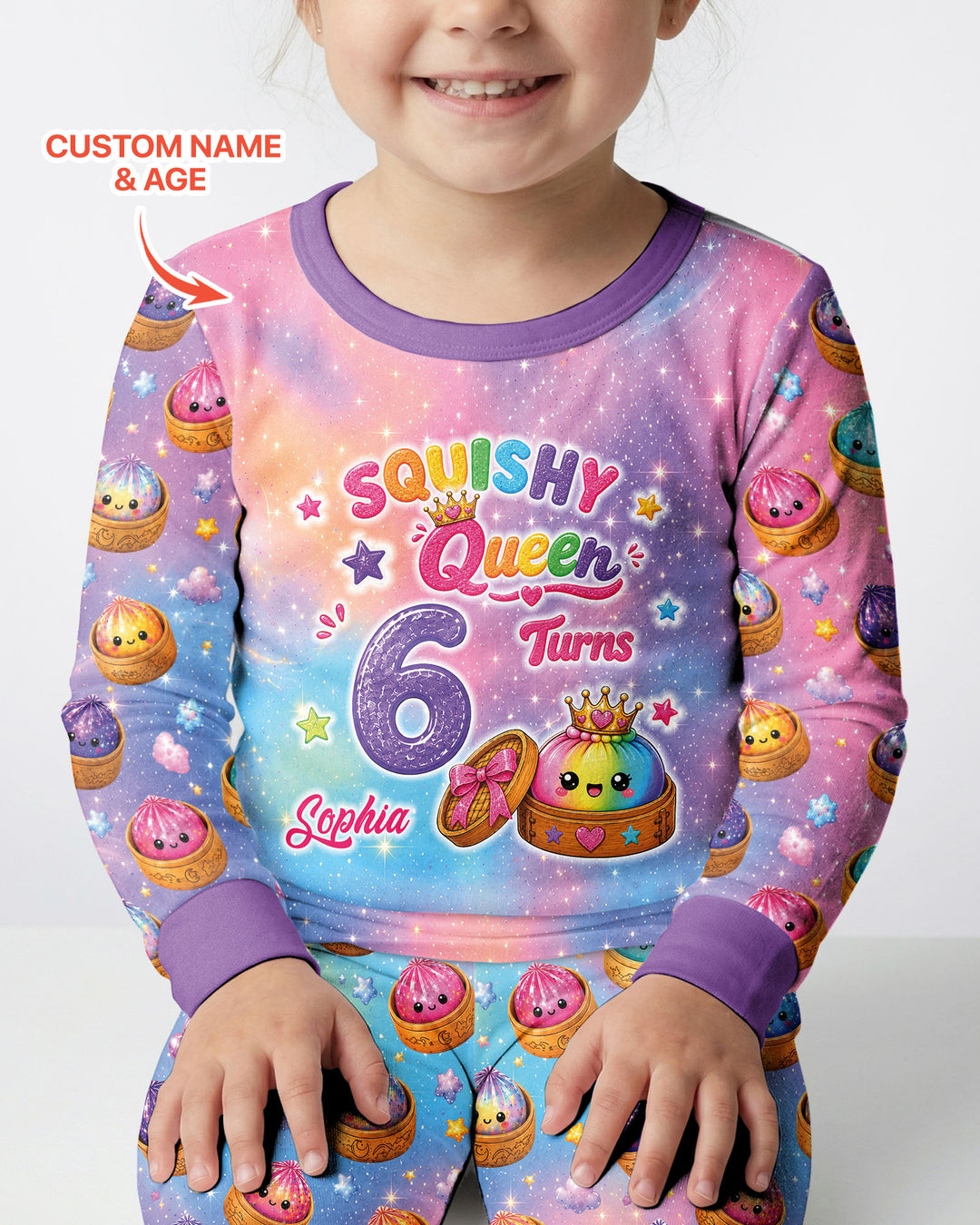 Glitter Dumpling Birthday Girl Custom Name & Age Bamboo Two Piece Long Sleeve Pajama Set