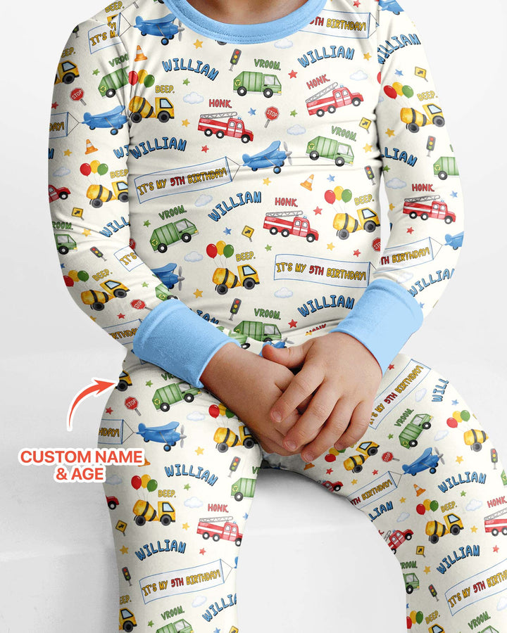 Personalized Transportation Birthday Bamboo Two Piece Long Sleeve Pajama Set