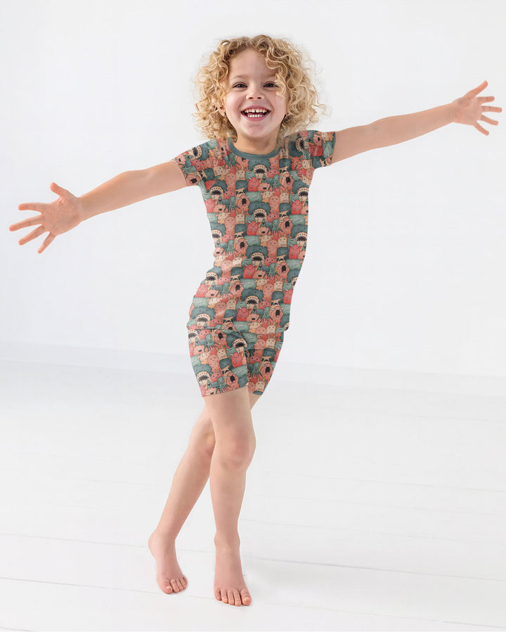 Cute Monster Crowd Bamboo Two Piece Short Sleeve Shorts Pajama Set