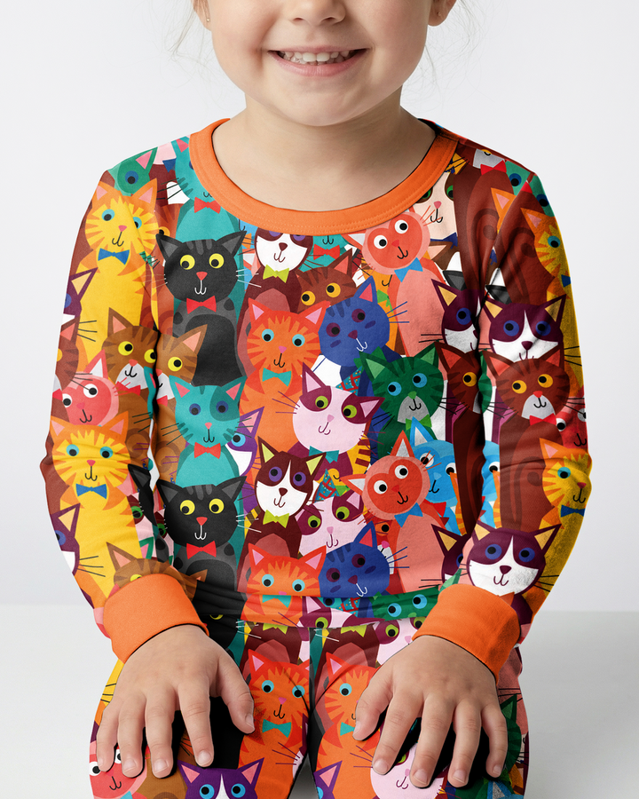 Colorful Cat Pattern Pattern Bamboo Two Piece Long Sleeve Pajama Set