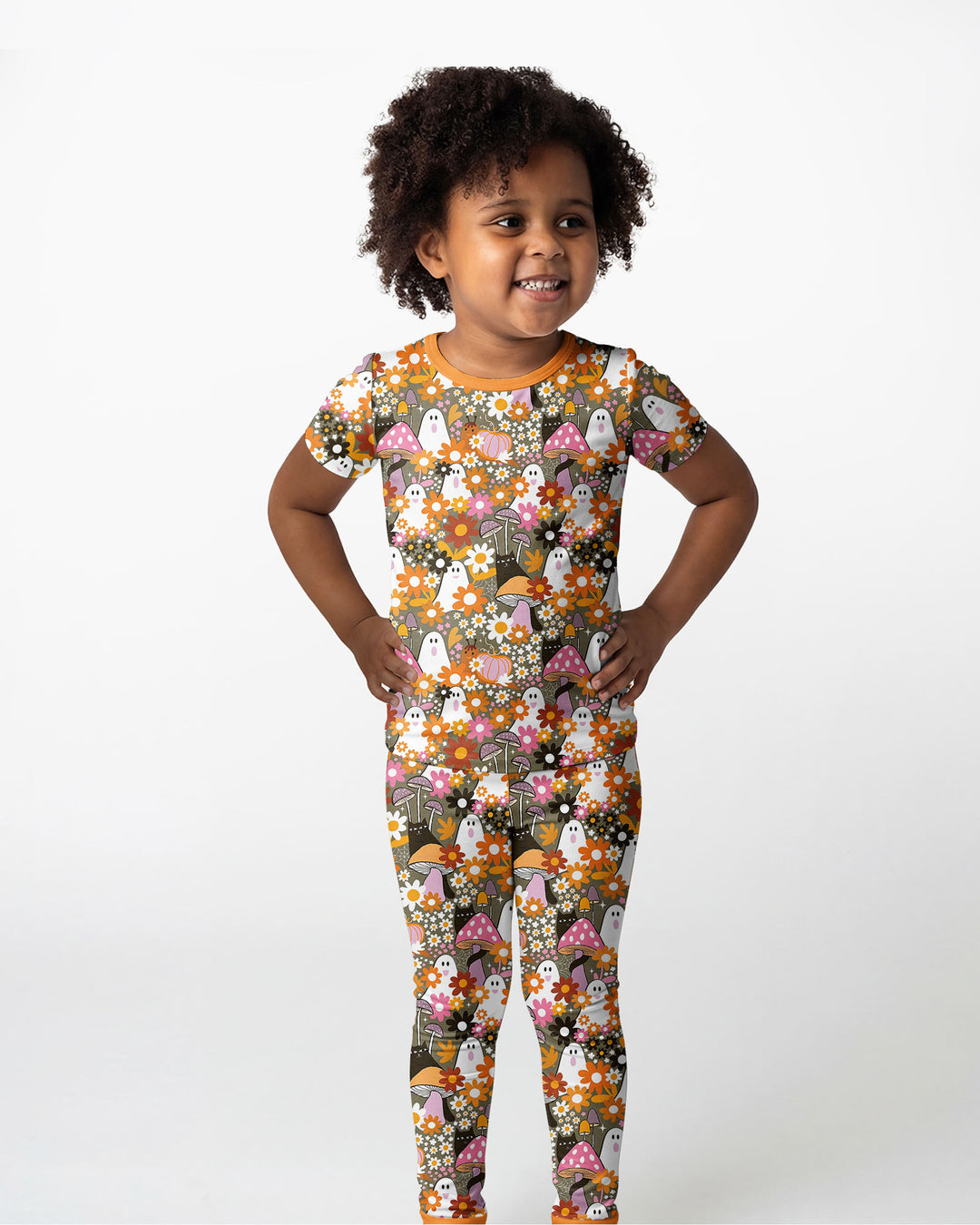 Retro Ghost Mushroom Floral Halloween Bamboo Two Piece Short Sleeve Pajama Set