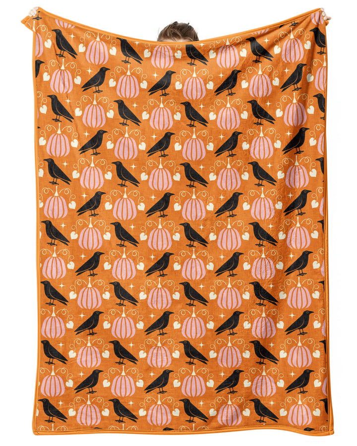 Ravens in a Pumpkin Patch - Orange Pink Bamboo Blanket