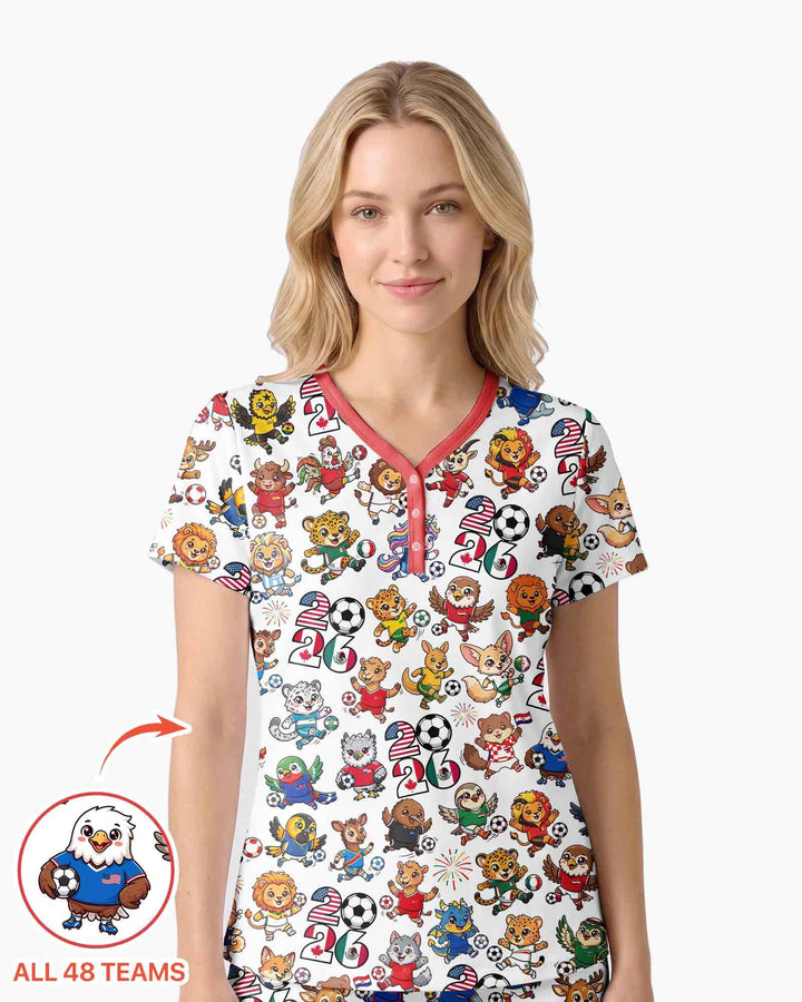 Kawaii Animals Soccer Tour 2026 Family Matching Bamboo Women Short Sleeve Short Pajama Set