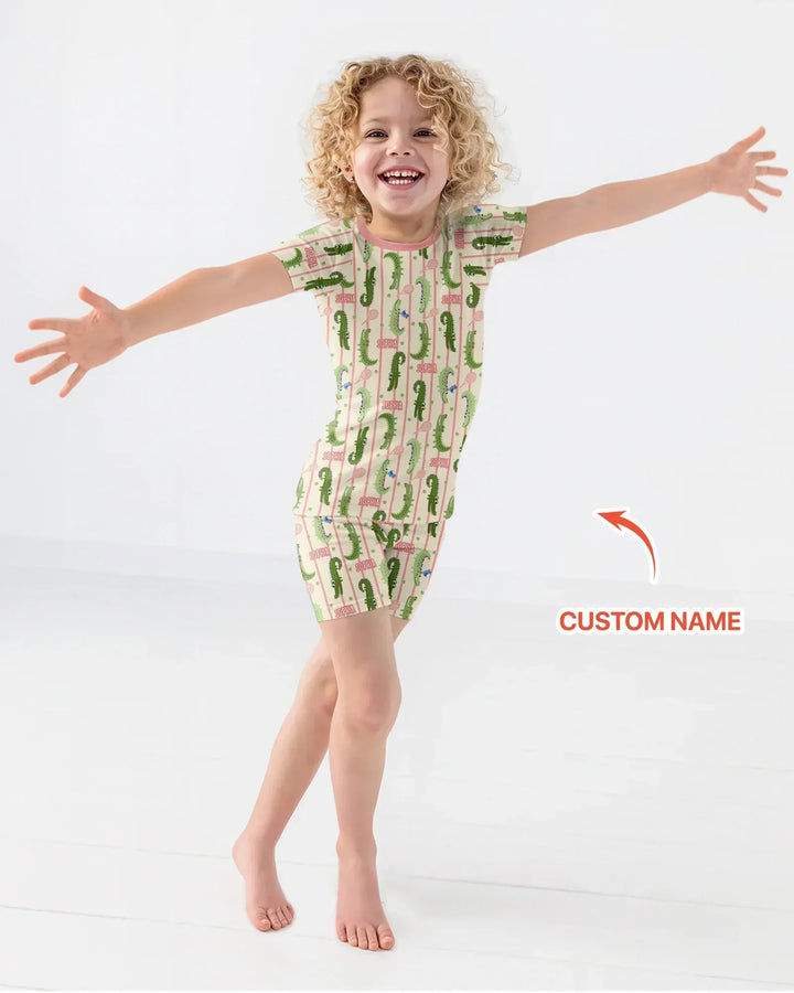 Custom Name Tennis Crocodiles Bamboo Two Piece Short Sleeve Shorts Pajama Set