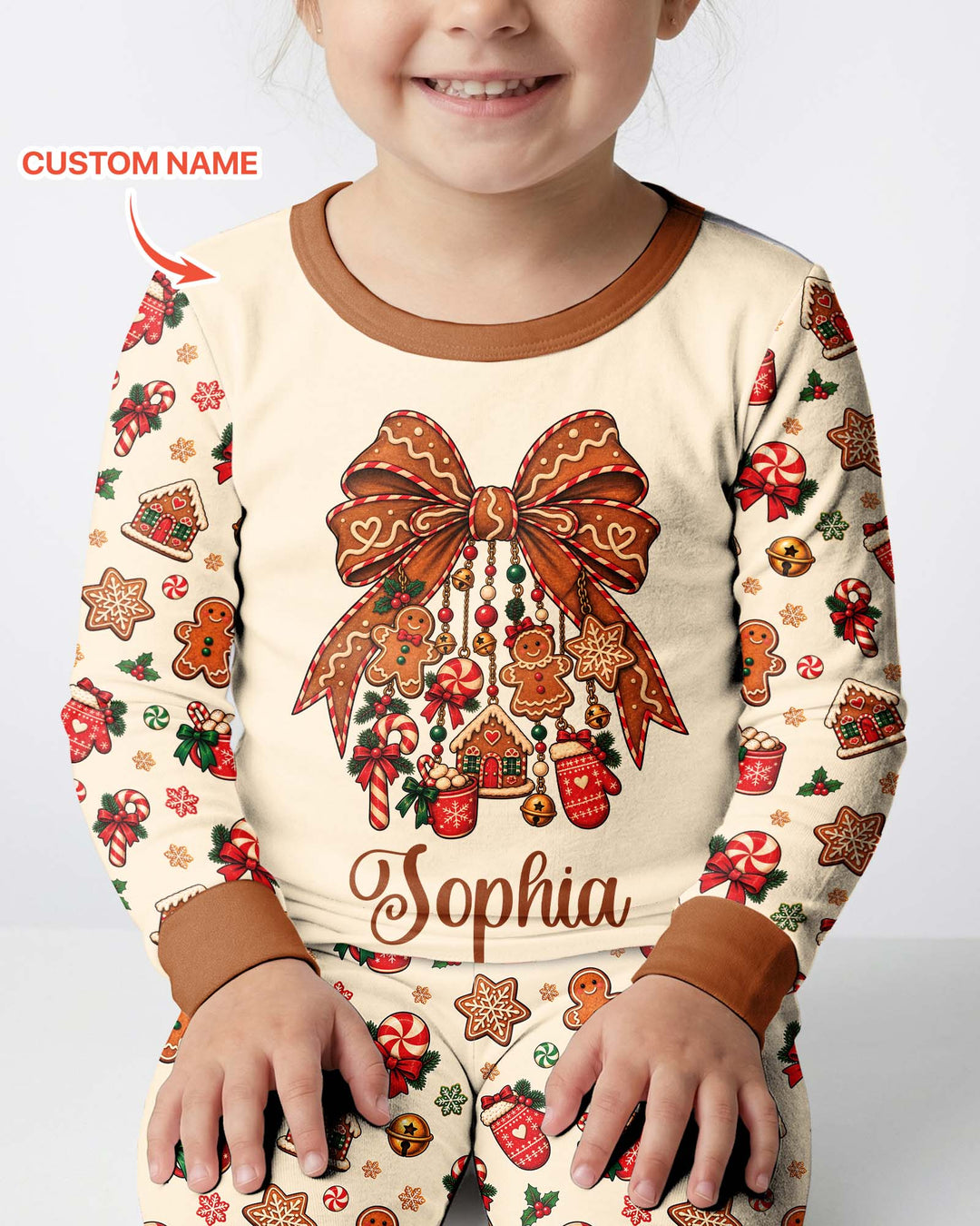 Custom Name Gingerbread The Bow Bamboo Two Piece Long Sleeve Pajama Set