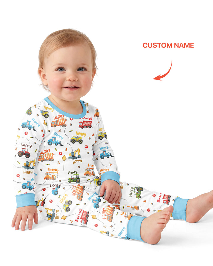 Construction Vehicles Custom Name Bamboo Two Piece Long Sleeve Pyjamas Set