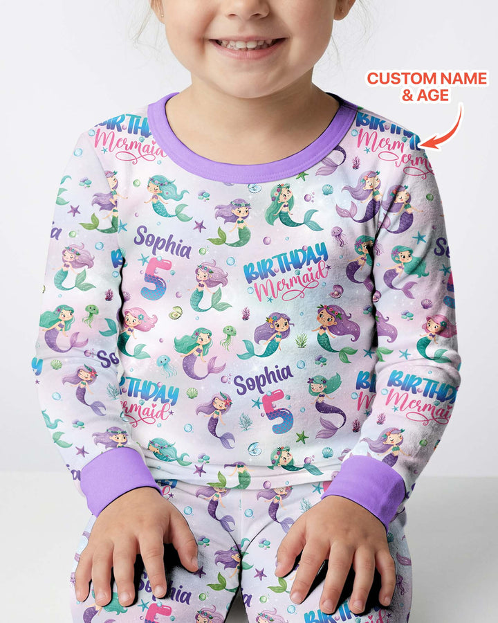 Custom Name and Age Birthday Mermaid Bamboo Two Piece Long Sleeve Pajama Set