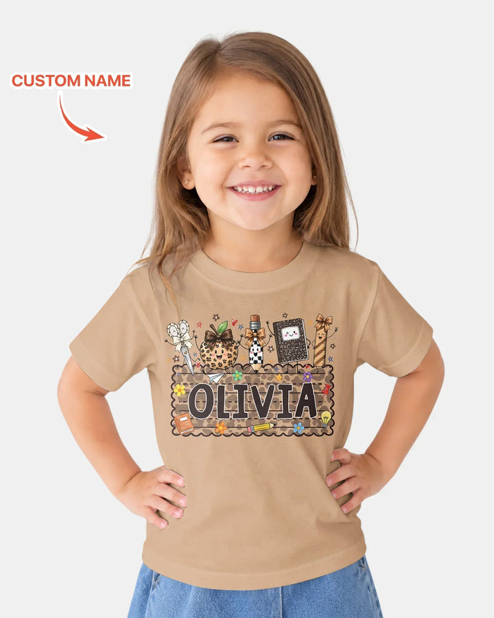 Custom Name School Sweetheart Leopard Bamboo Crewneck T-Shirt
