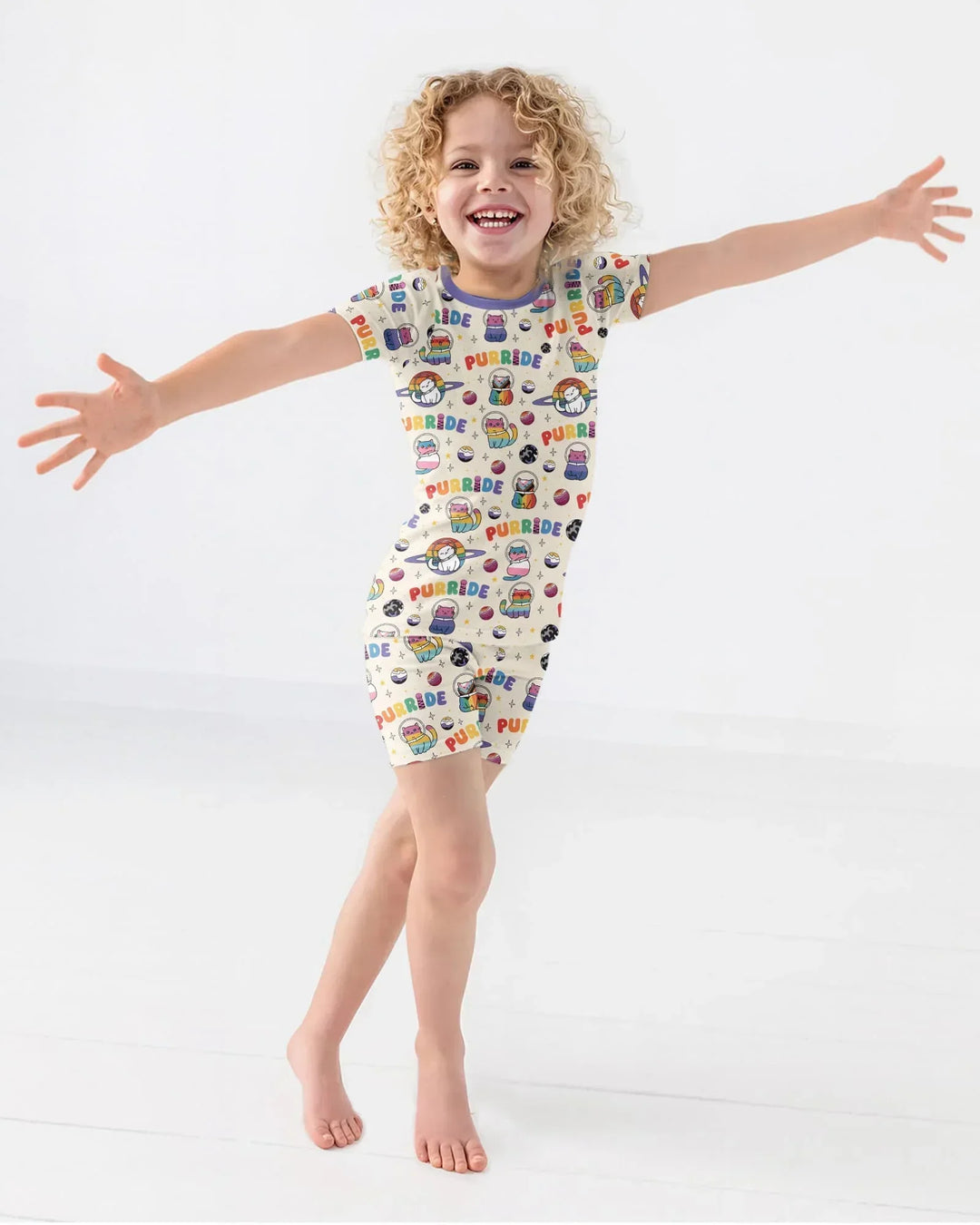 Rainbow Space Cats Family Matching Bamboo Two Piece Short Sleeve Shorts Pajama Set