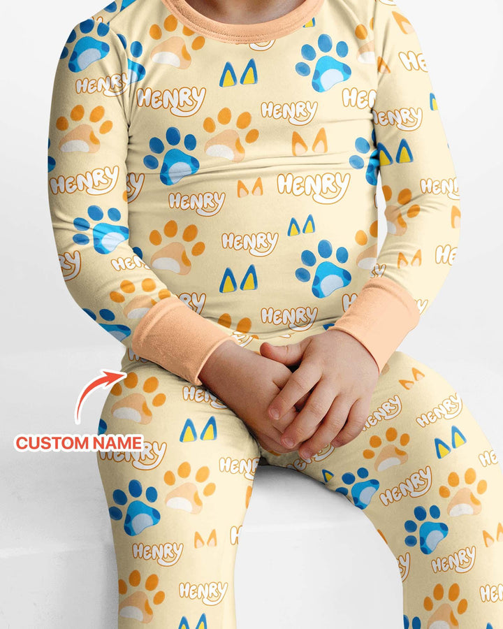 Custom Name Favourite Blue Dog Family Matching Bamboo Two Piece Long Sleeve Pajama Set
