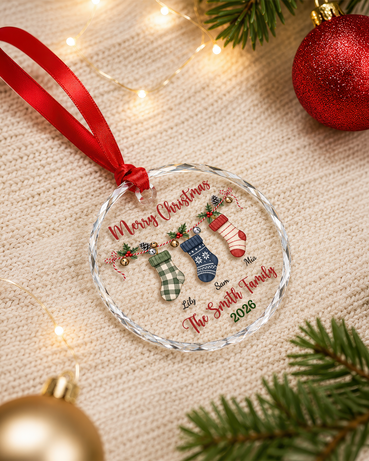 Merry Christmas Stocking Family - Personalized Glass Ornament