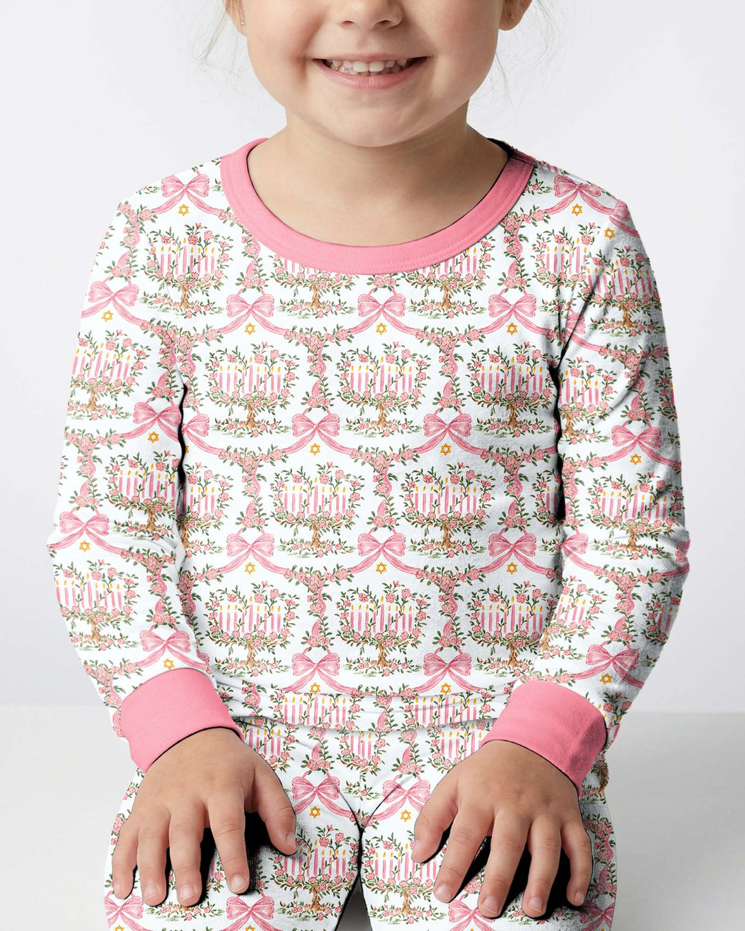 Cute Bow Hanukkah Menorah Bamboo Two Piece Long Sleeve Pajama Set