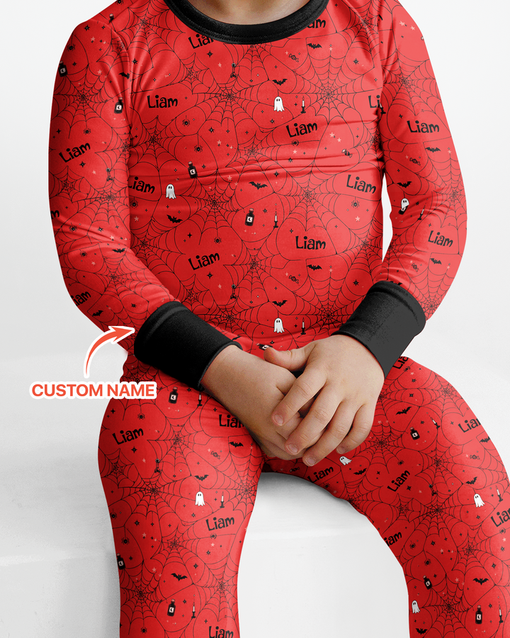 Spooky Spider Web Halloween Custom Name Bamboo Two Piece Long Sleeve Pajama Set