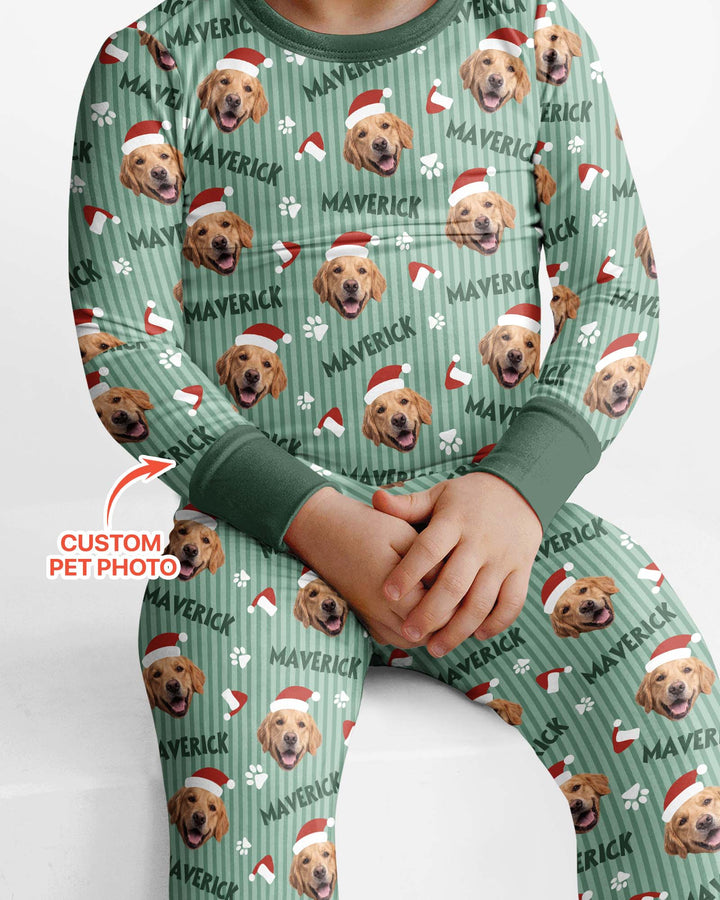 Custom Pet Photo Christmas Paws Stripe Bamboo Two Piece Long Sleeve Pajama Set