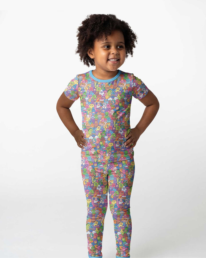 Doodle Characters Pastel Bamboo Two Piece Short Sleeve Pajama Set