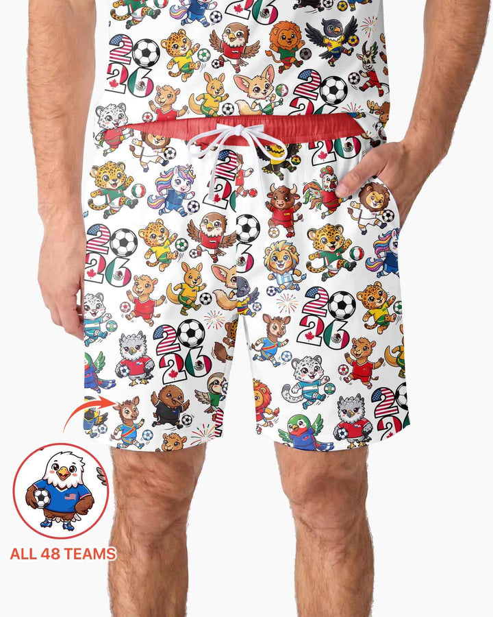 Kawaii Animals Soccer Tour 2026 Family Matching Bamboo Men Short Sleeve Short Pajama Set
