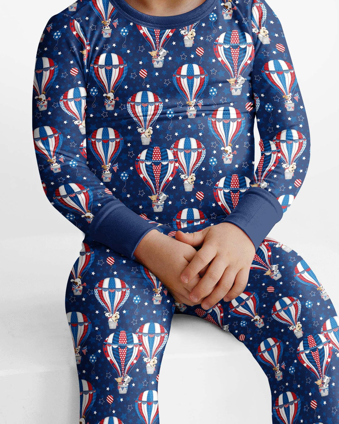 Patriotic Pups in Hot Air Balloons Family Matching Bamboo Two Piece Long Sleeve Pajama Set