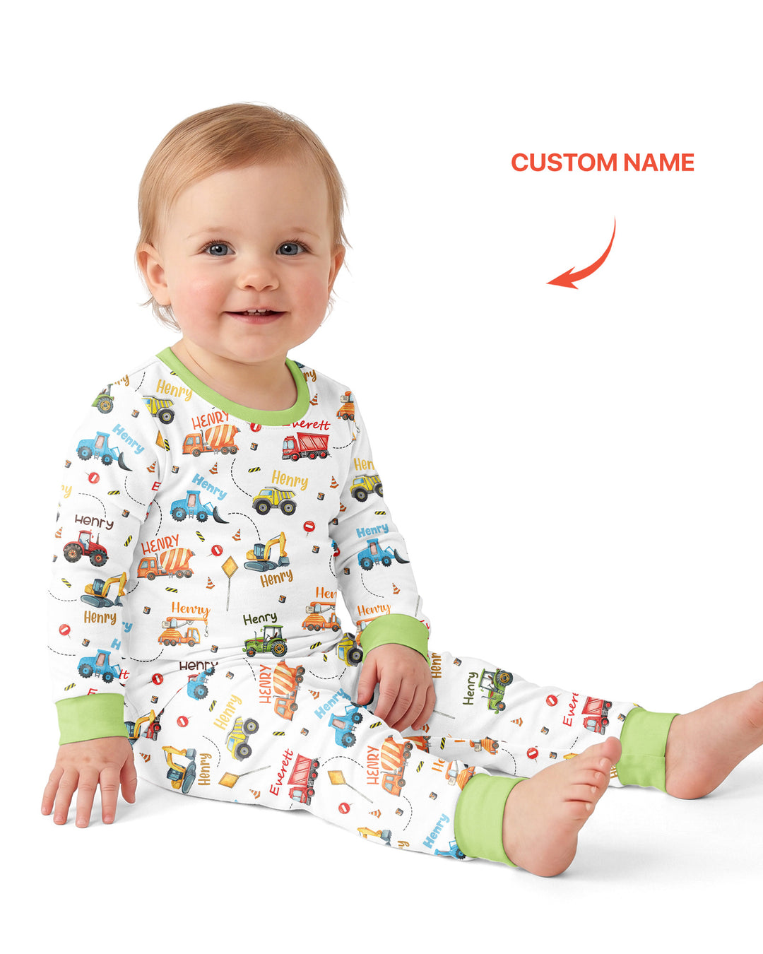 Construction Vehicles Custom Name Bamboo Two Piece Long Sleeve Pyjamas Set