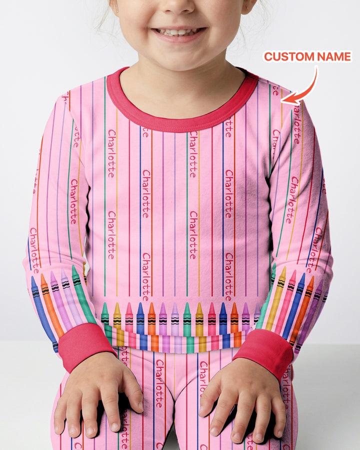 Custom Name Crayon Lines Bamboo Two Piece Long Sleeve Pajama Set