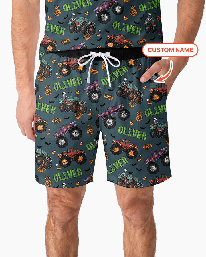 Custom Name Haunted Monster Trucks  Bamboo Men Short Sleeve Short Pajama Set