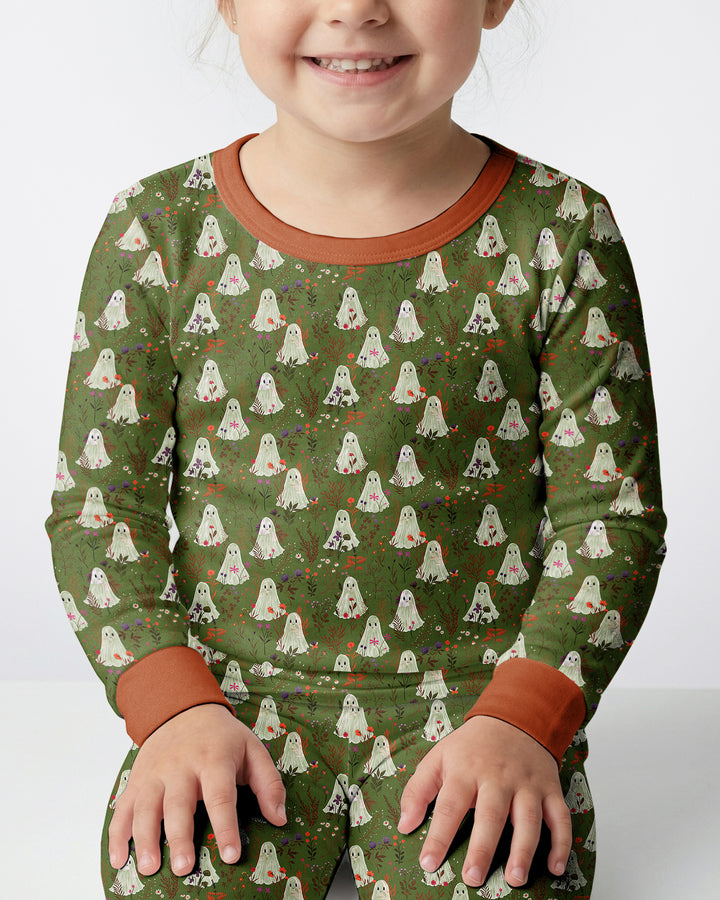 Cute Ghost Halloween Moss Green Floral Bamboo Two Piece Long Sleeve Pajama Set