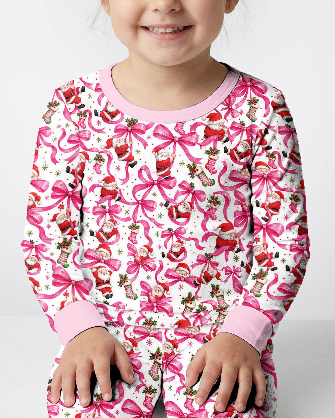 Pink Christmas Santa Bows Bamboo Two Piece Long Sleeve Pajama Set