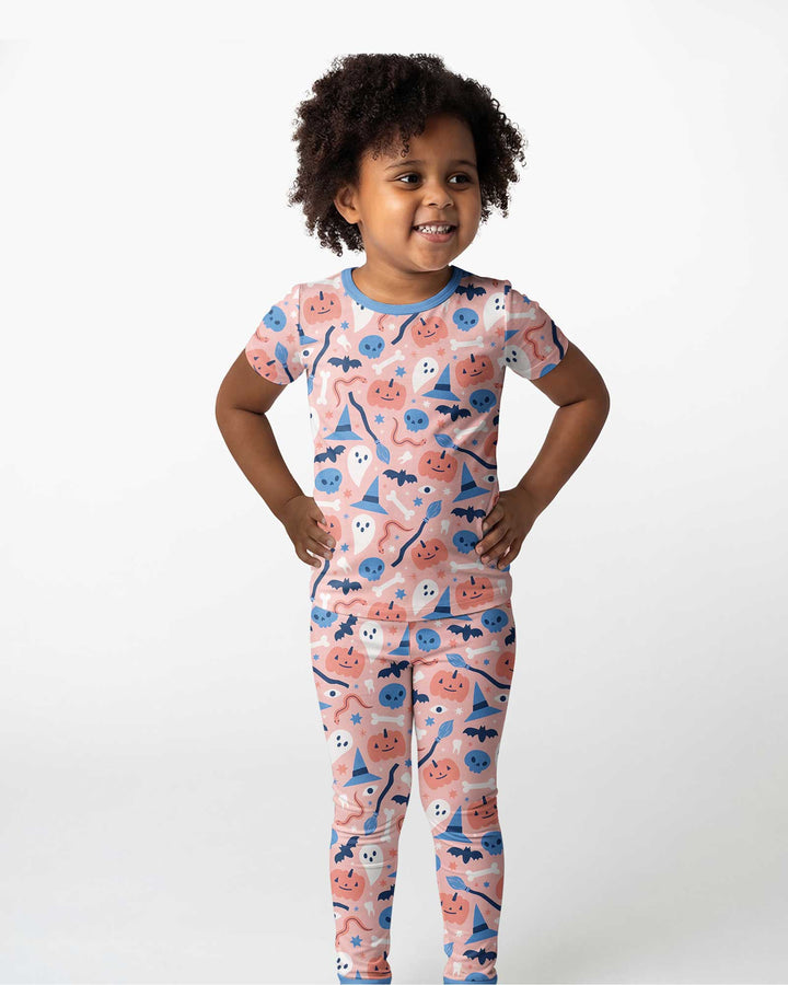 Pastel Pumpkins Skulls And Witch Craft Bamboo Two Piece Short Sleeve Pajama Set
