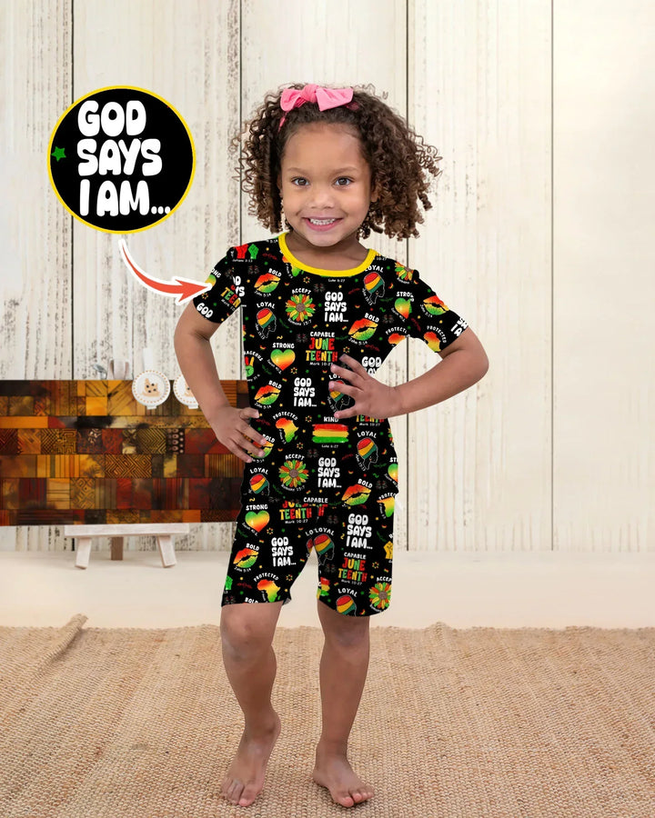 God Says I Am Juneteenth Blessings Bamboo Two Piece Short Sleeve Shorts Pajama Set