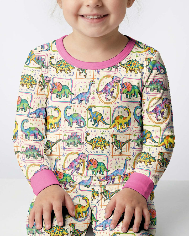 Colorful Dino Sketchbook Bamboo Two Piece Long Sleeve Pajama Set