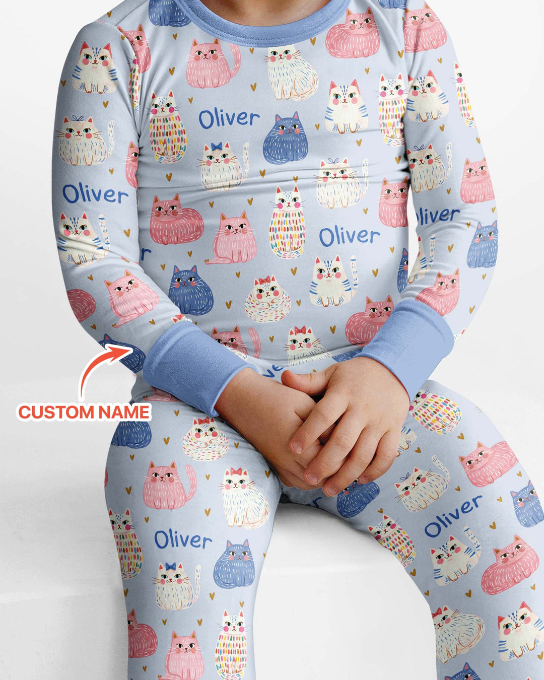 Custom Name Cute Pastel Cat Bamboo Two Piece Long Sleeve Pajama Set