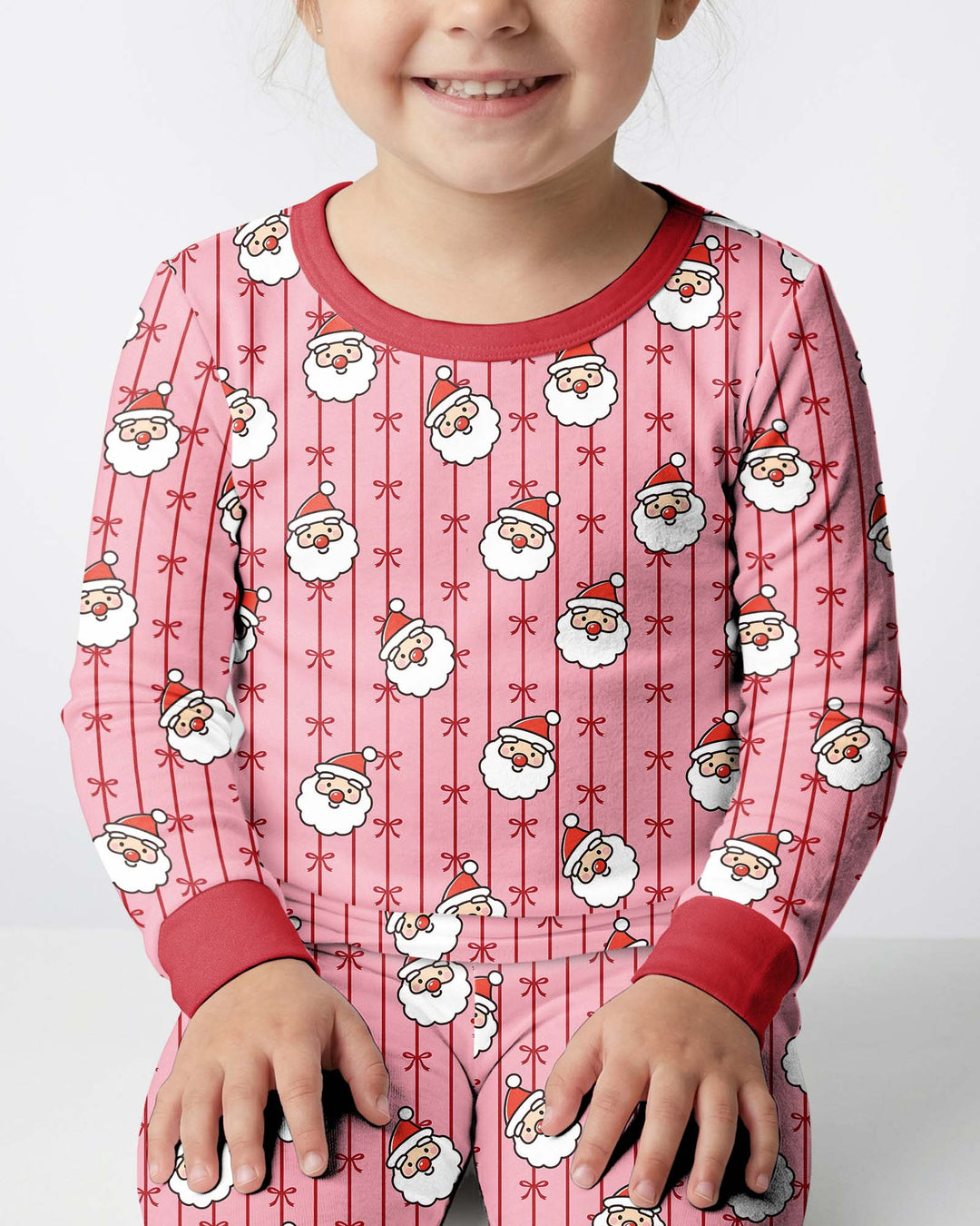 Pink Santa Bow Stripe Christmas Bamboo Two Piece Long Sleeve Pajama Set