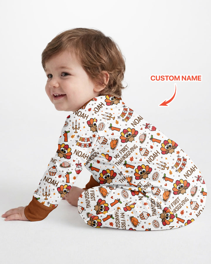 Custom Name Doodle Turkey My First Thanksgiving Bamboo Convertible Zippy