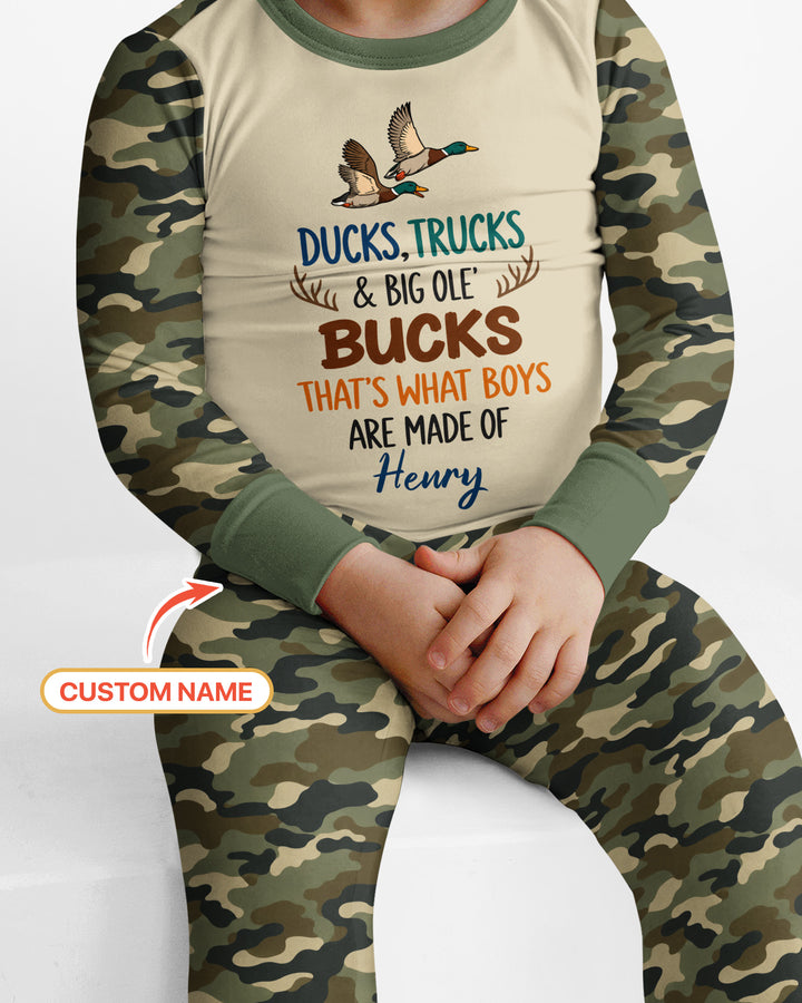 Custom Name Ducks, Trucks & Big Ole' Bucks Bamboo Two Piece Long Sleeve Pajama Set