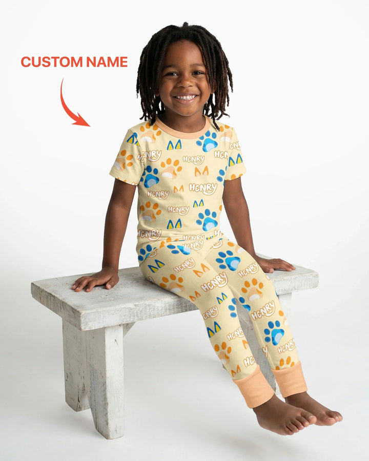 Custom Name Favourite Blue Dog Family Matching Bamboo Two Piece Short Sleeve Pajama Set