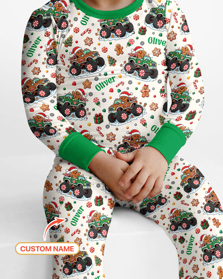 Custom Name Monster Truck Gingerbread Bamboo Two Piece Long Sleeve Pajama Set