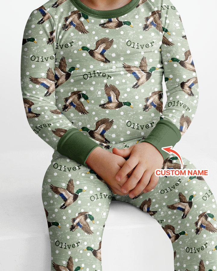 Custom Name Flying Mallard Duck Bamboo Two Piece Long Sleeve Pajama Set