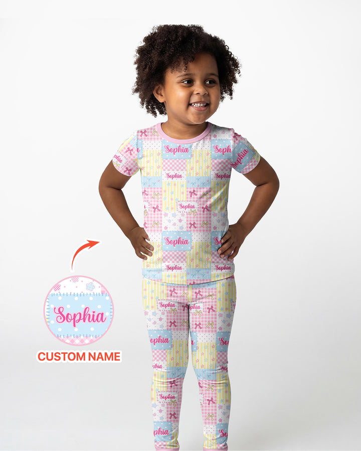 Custom Name Sweet Patchwork Bamboo Two Piece Short Sleeve Pajama Set
