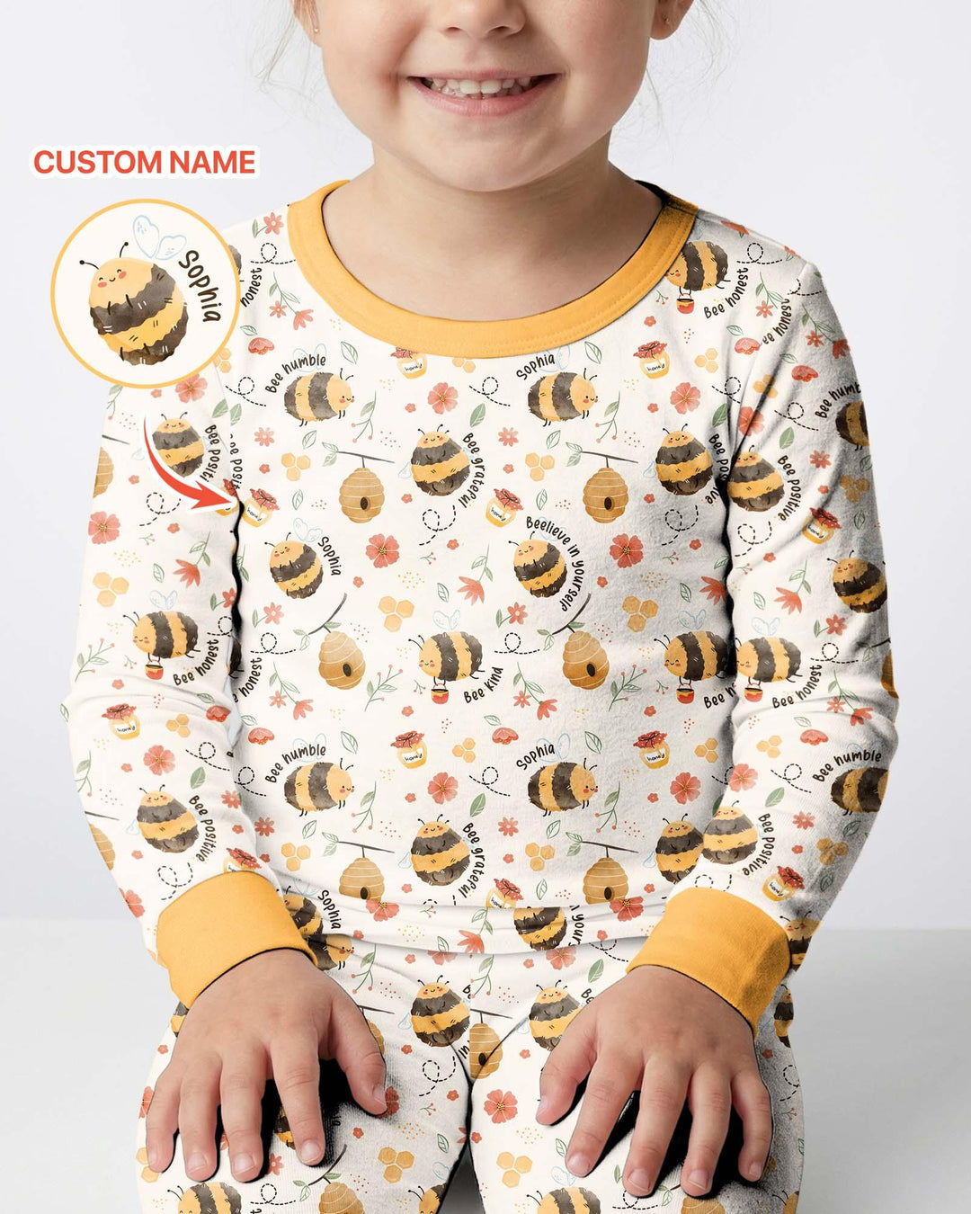 Bee Kind Custom Name Bamboo Two Piece Long Sleeve Pajama Set