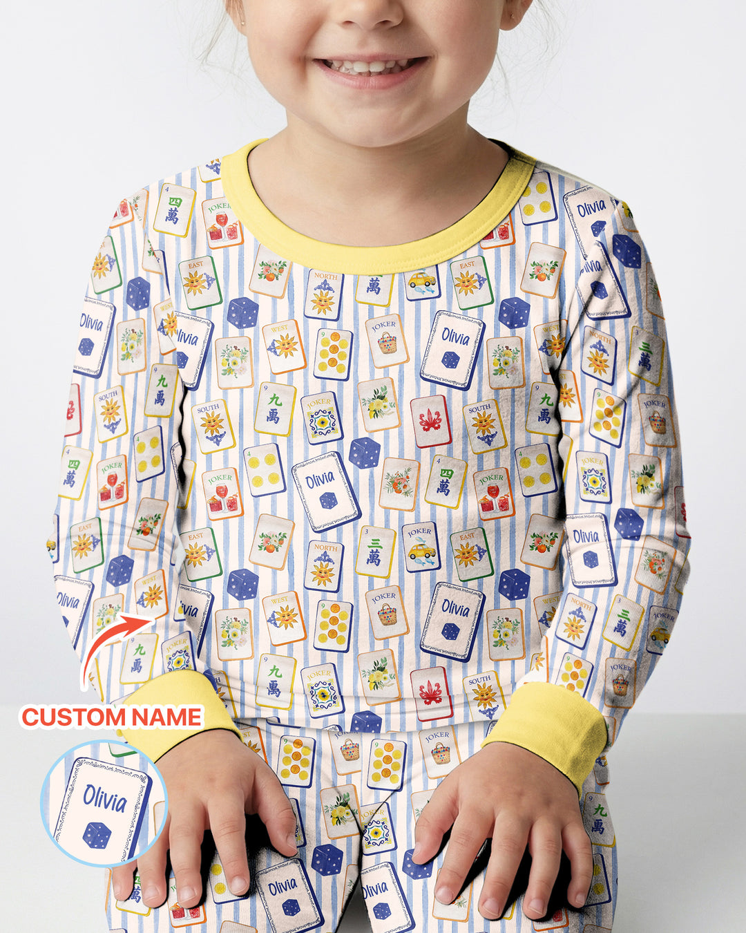 Coastal Mahjong Custom Name Mommy & Me Matching Bamboo Two Piece Long Sleeve Pajama Set