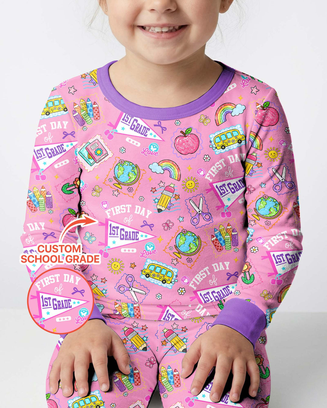 Custom Grade Girls School First Day Bamboo Two Piece Long Sleeve Pajama Set