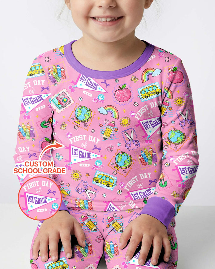 Custom Grade Girls School First Day Bamboo Two Piece Long Sleeve Pajama Set