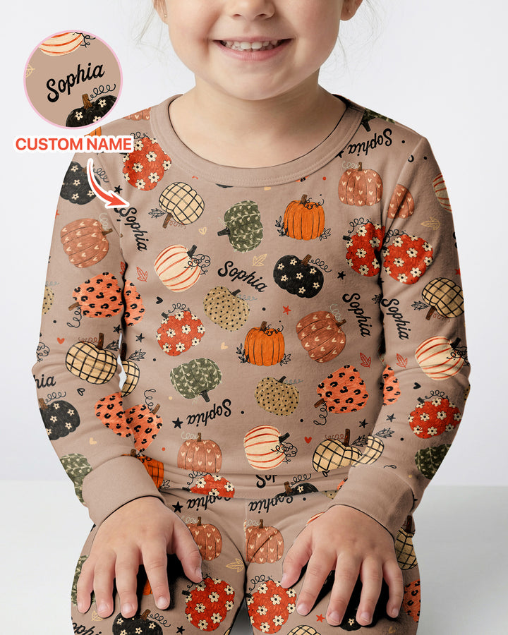 Custom Name Boho Pumpkin Bamboo Two Piece Long Sleeve Pajama Set