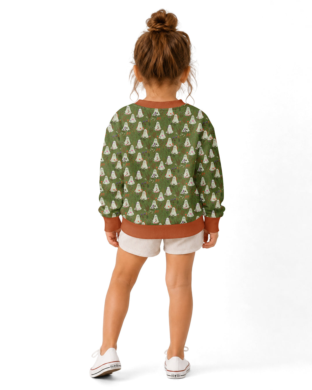 Cute Ghost Halloween Moss Green Floral Bamboo Crewneck Sweatshirt