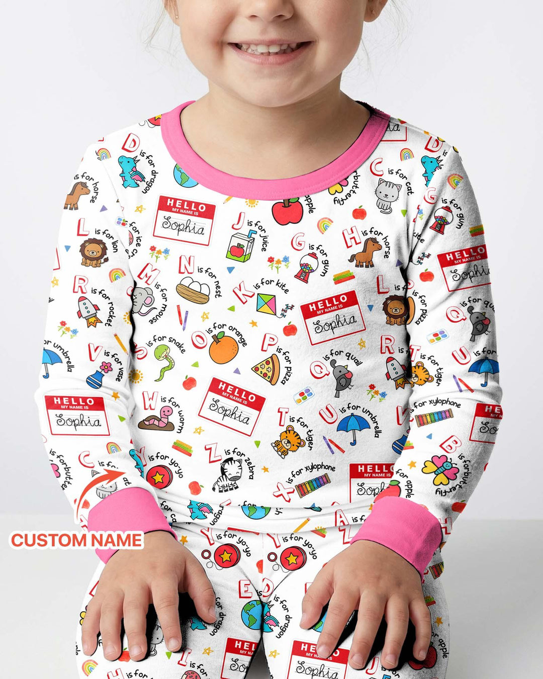 Custom Name Hello School ABCs Bamboo Two Piece Long Sleeve Pajama Set
