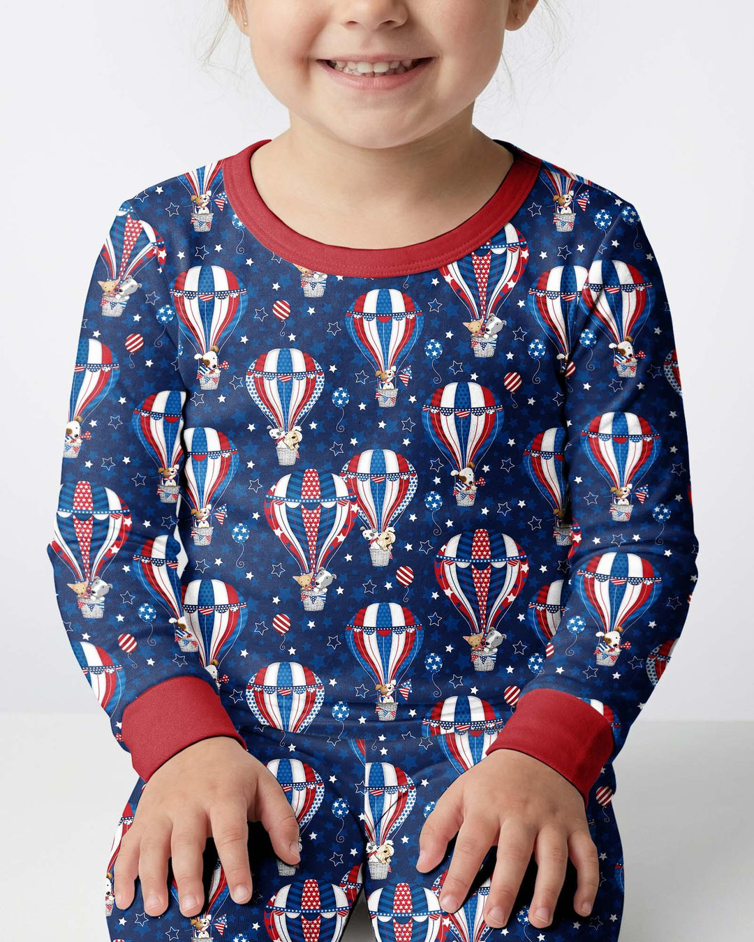 Patriotic Pups in Hot Air Balloons Family Matching Bamboo Two Piece Long Sleeve Pajama Set