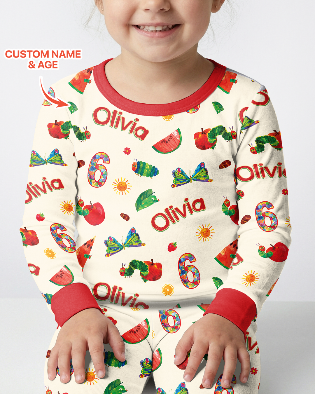 Custom Name and Age Birthday Of Very Hungry Caterpillar Bamboo Two Piece Long Sleeve Pajama Set